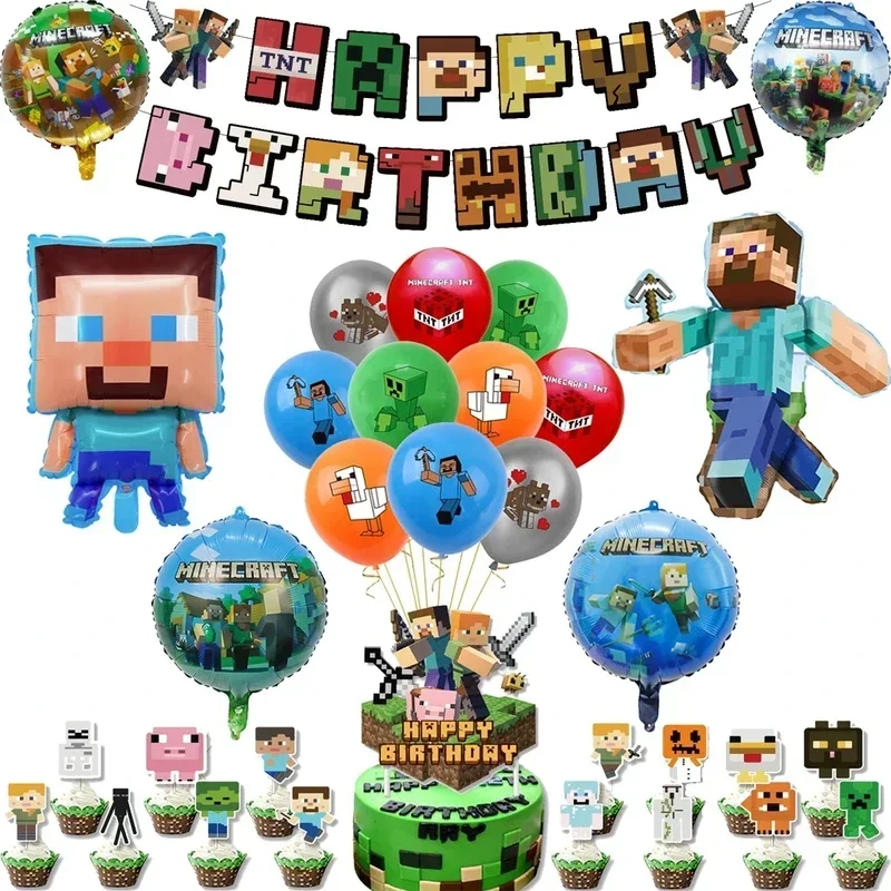 Globos de Minecraft Pixel Game, pancarta de feliz cumpleaños, decoración de fiesta, taza, plato, vajilla desechable, suministros para decoración de pasteles, Juguetes