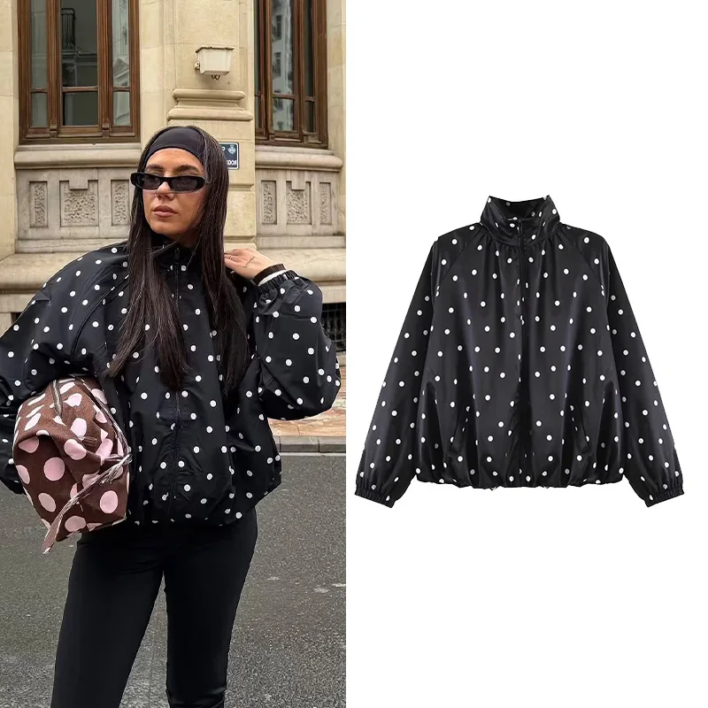 

Women's Polka Dots Jacket New 2026 Spring Long Sleeve High Collar Balloon Elastic Hem Women Short Coats Versatile Female Jackets