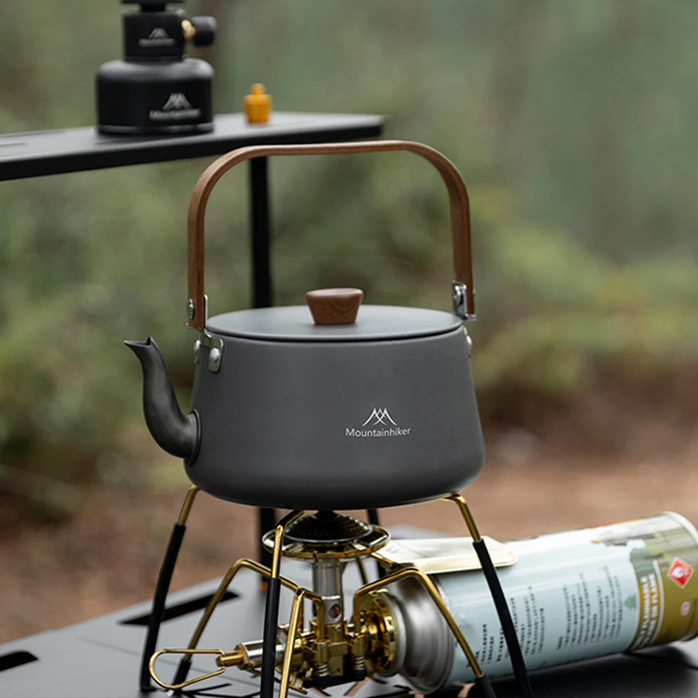 1.1L غلاية ماء للتخييم مع مقبض خشبي إبريق الشاي إبريق قهوة سبائك الألومنيوم المحمولة خفيفة الوزن وعاء لوازم تجهيزات المطابخ السياحية