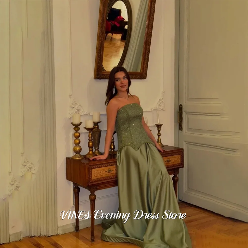 

Зеленое вечернее платье VINES без бретелек с блестящим лифом, атласное платье А-силуэта для вечеринок, простое вечернее платье на заказ