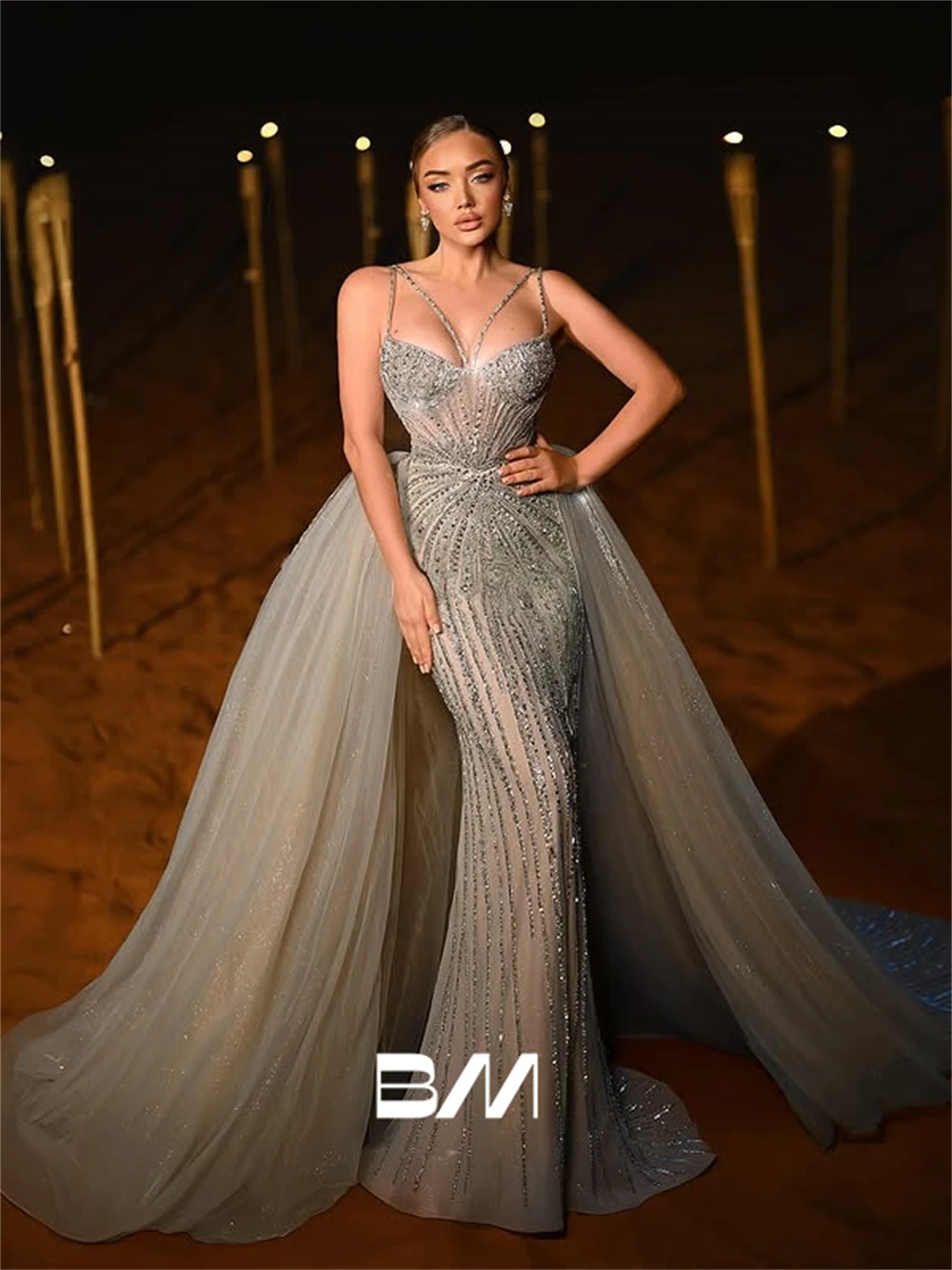 

Shiny Tulle Formal Dresses for Women, Exquisite 2in1 Mermaid Long Evening Dress Customized Delicate Beading Party Prom Gowns