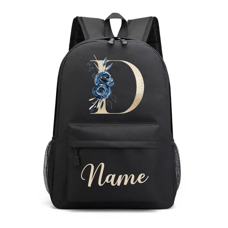 Nome personalizado Mochila inicial para meninas, mochila escolar, mochila com design de carta, mochila pré-escolar para crianças, berçário, rosa e dourada