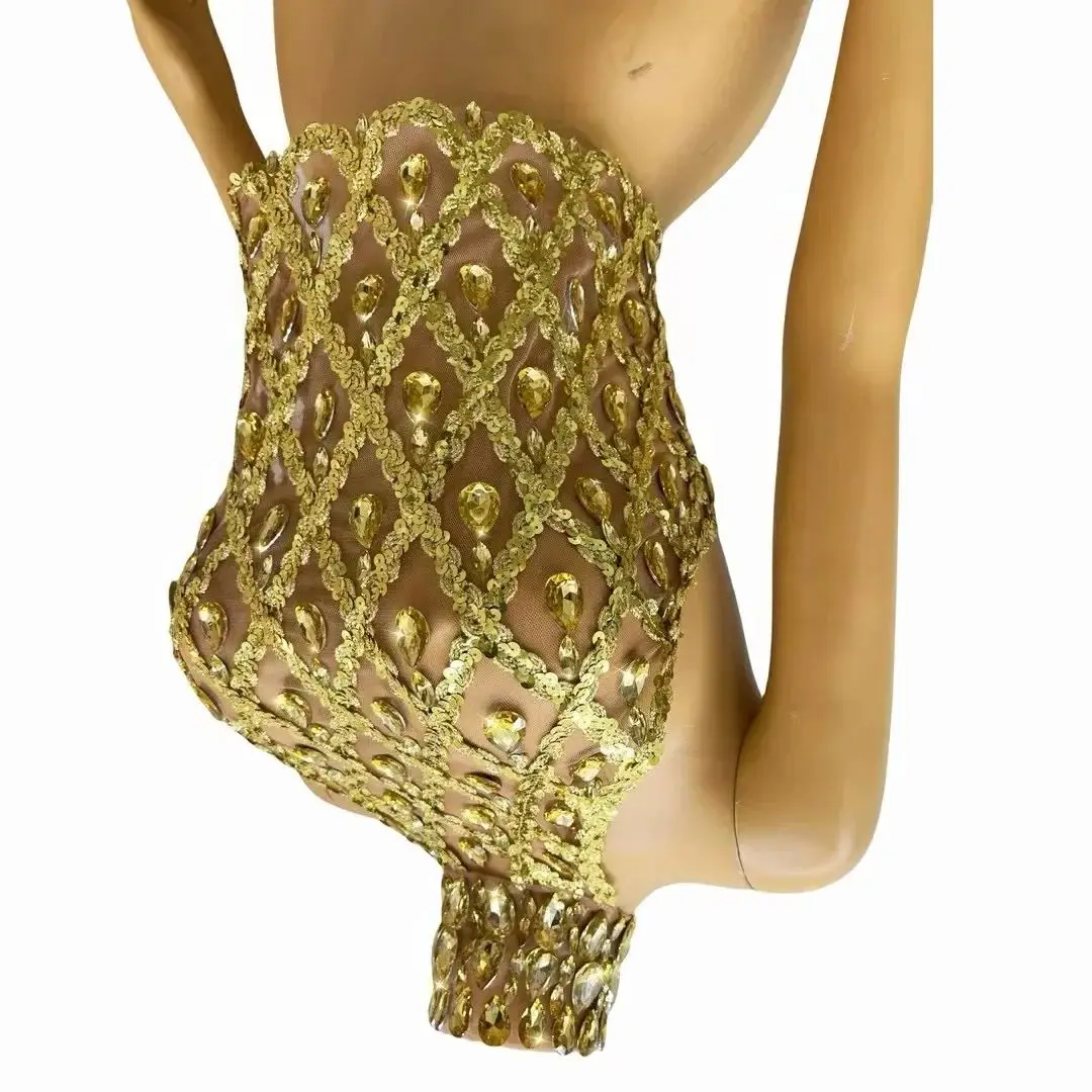 

Sparkly Gold Rhinestone Mesh Tops Women Sexy See Through Evening Party Birthday Wear Nightclub Stage Performance Costume