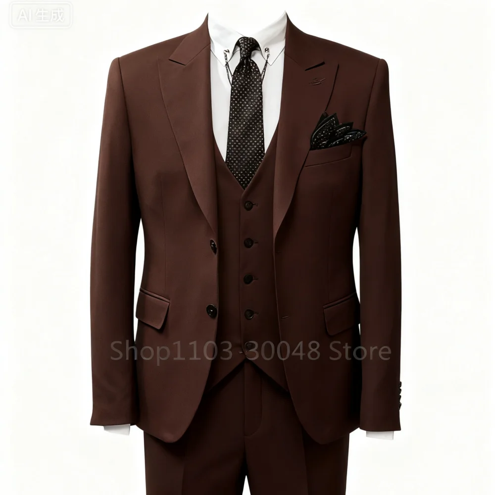 

3 Piece Khaki Slim Fit Tuxedo Men's Suit Peak Lapel Formal Wedding Dance Party Smocking Blazer + Vest Set for Men