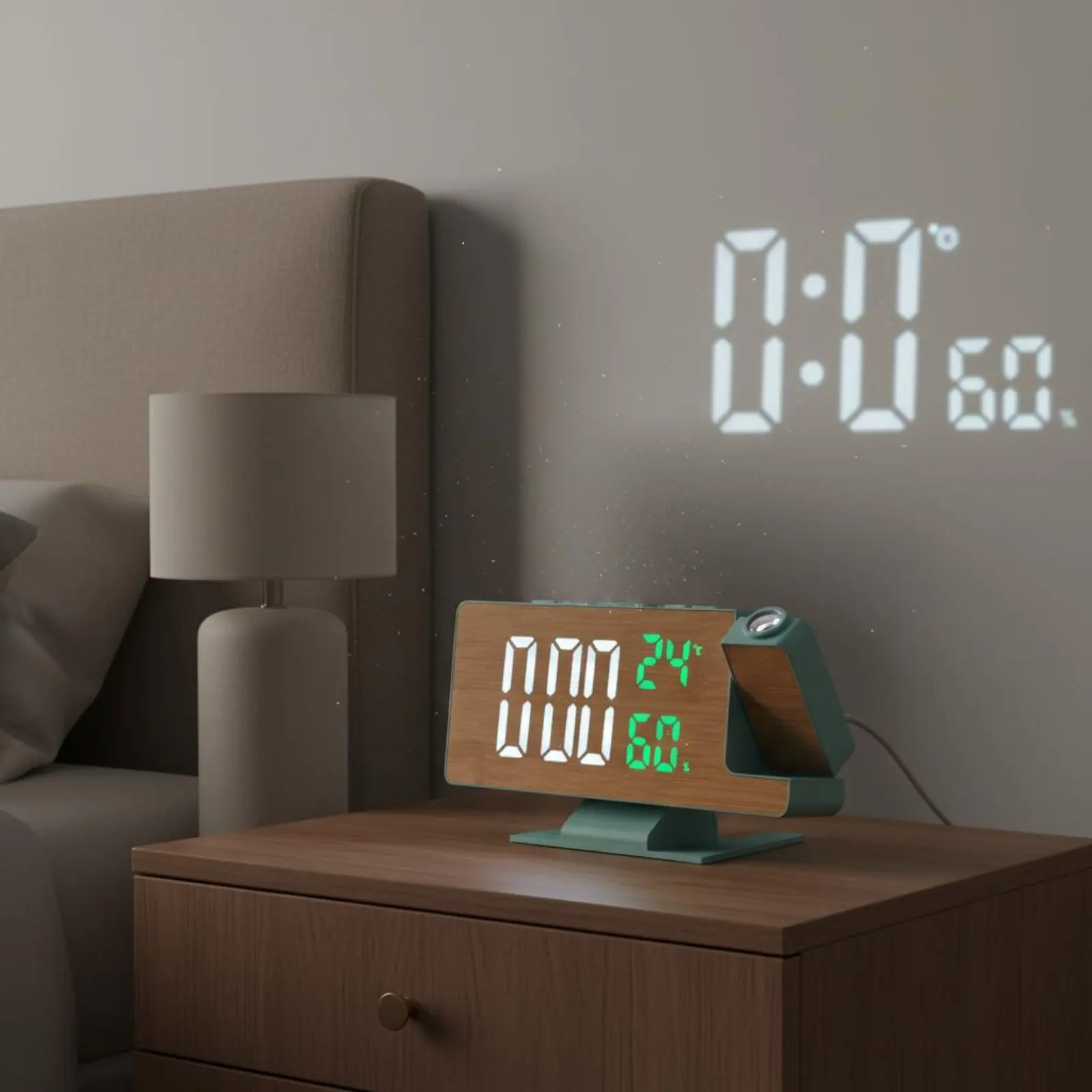 Bamboo Pattern Projection Clock Temperature and Humidity Display Illuminated Projection Alarm Clock Home Electronics for Bedroom