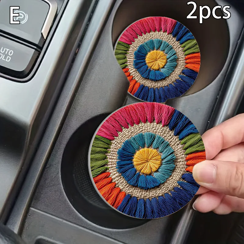 Waterproof Washable PU Leather Car Cup Mats, 2Pcs Non-Slip Car Cup Holder Inserts, Retro Spiral Braided Rope Fringe Pattern Auto