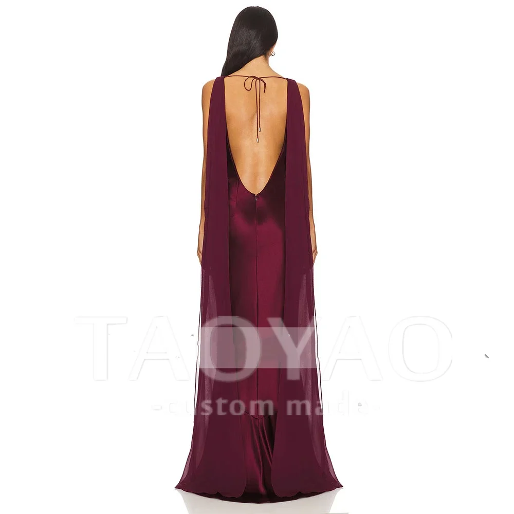 Burgundy Satin 2025 Mermaid Women's Evening Gown Sexy Backless Evening Dress For Wedding Sleeveless Formal Dresses for Women