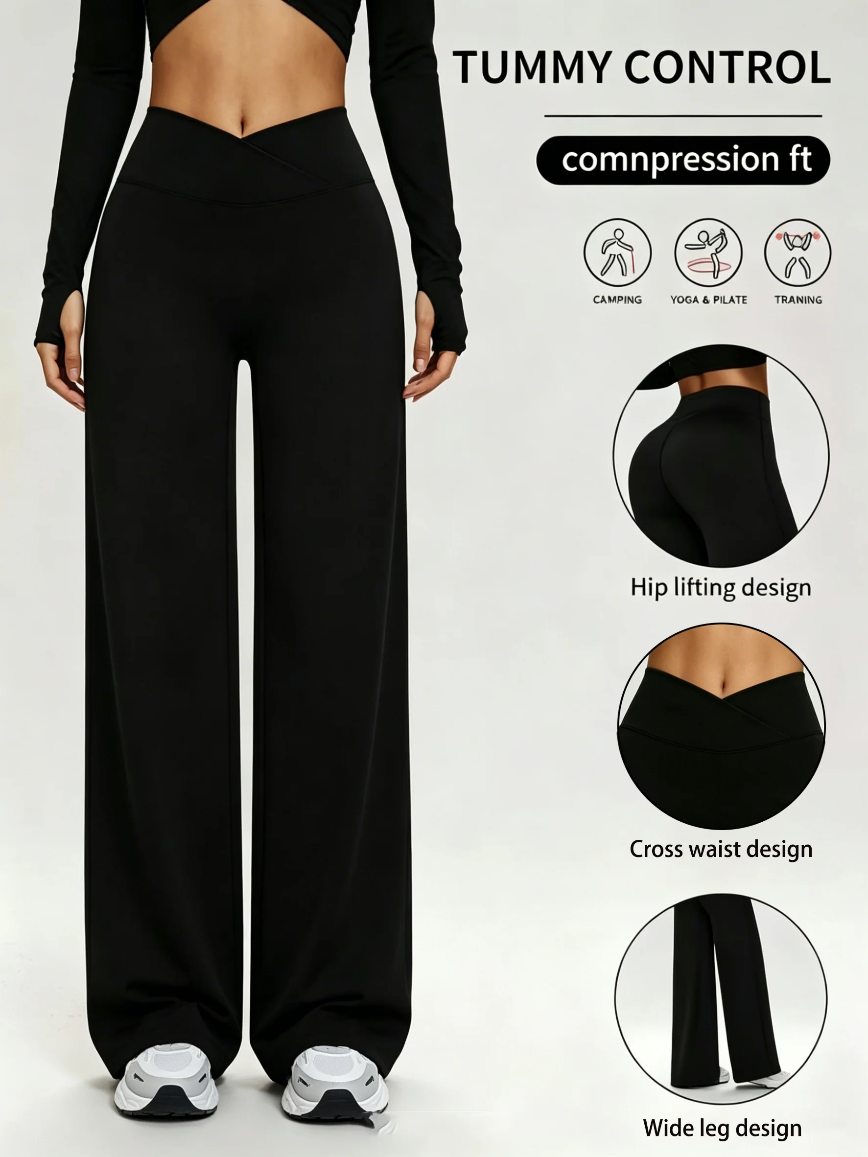 

Women's V-shaped cross waist wide leg yoga pants hip and abdomen elastic soft and simple atmosphere sports commuting Joker.