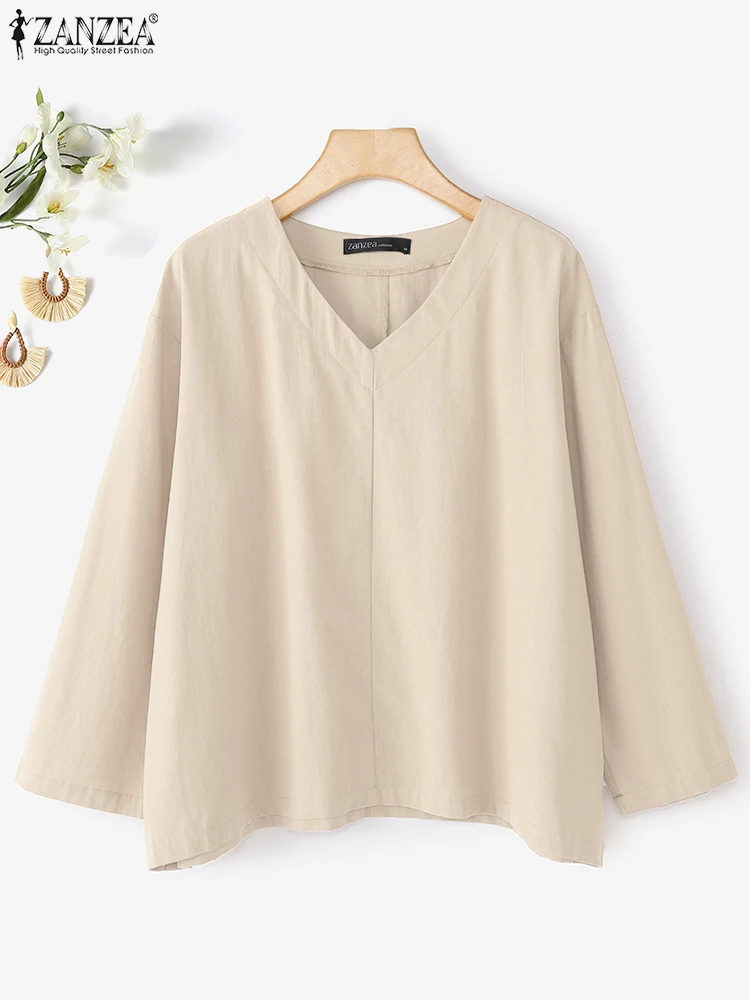 2025 ZANZEA Women Cotton Blouses Autumn Shirts Casual V Neck Long Sleeve Solid Tops Female Elegant Work OL Blusas Loose Chemise