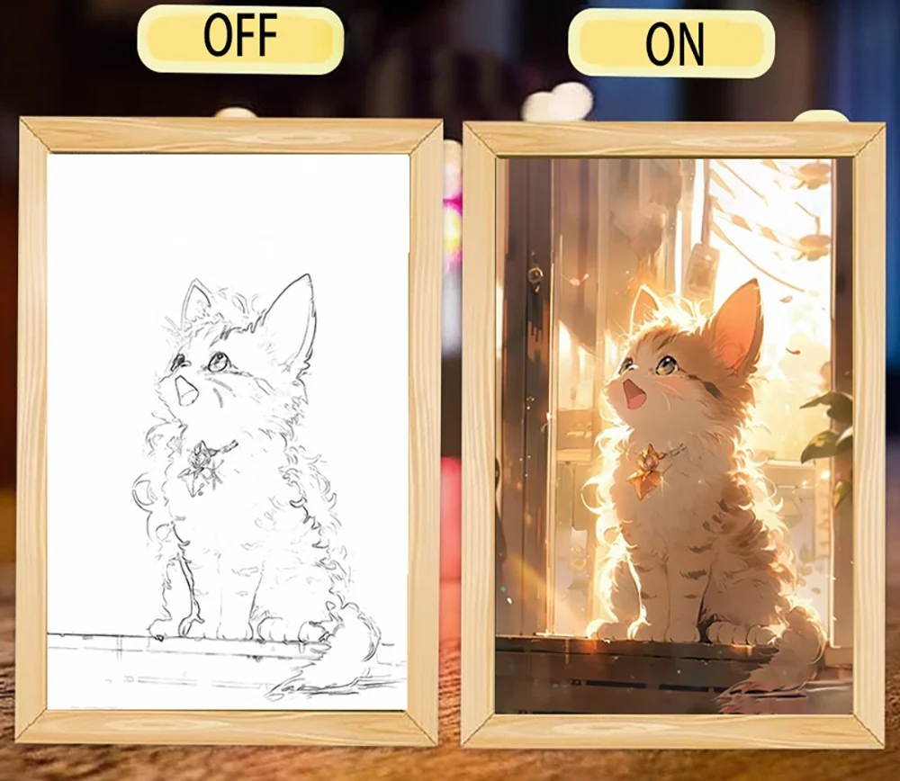 Cute Cat Kawaii Pets Light Painting Picture Frame Led Night Light Moon Lamp Room Decor Home Bedroom Friends Kids Birthday Gifts