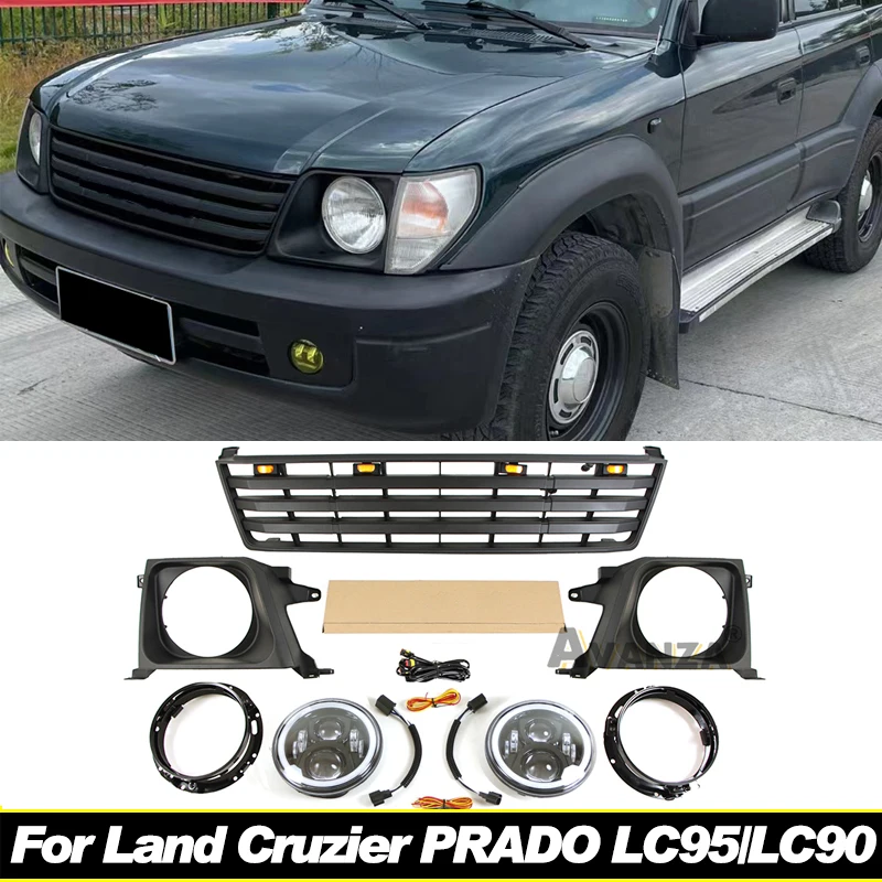 Grill with LED lights front bumper modification accessories headlight Light frame For Land Cruzier PRADO LC95/LC90 1993-2002