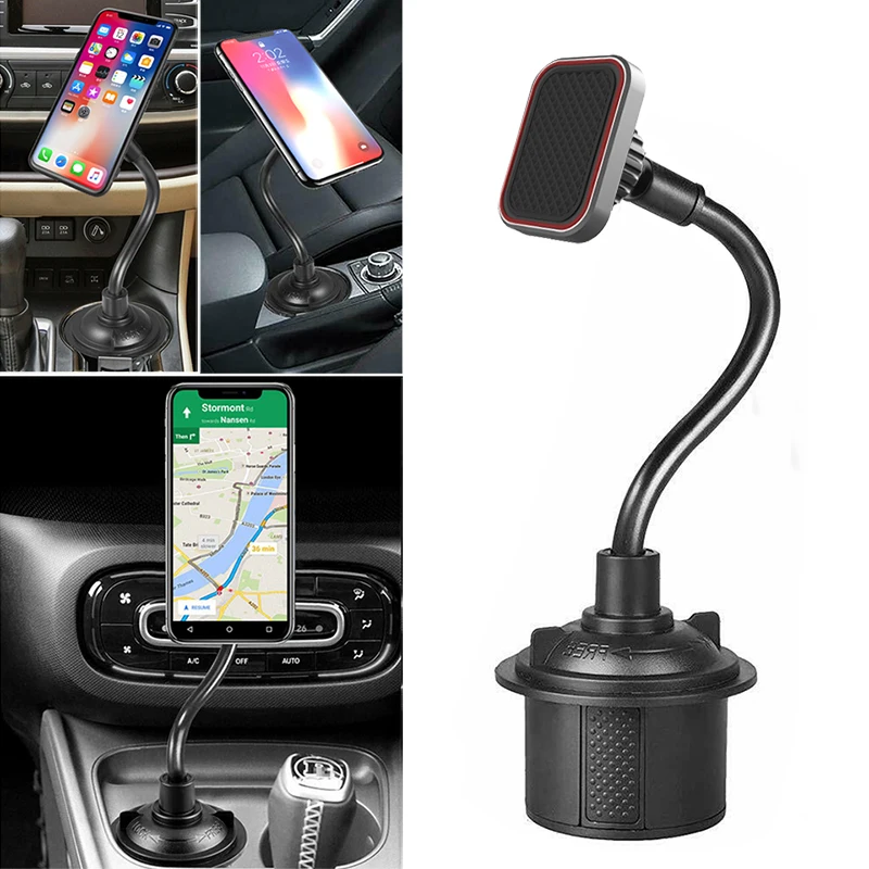 Car Cup Holder Magnetic Phone Mount with for Extra Long Neck & 2 Metal Plates for iPhone 12