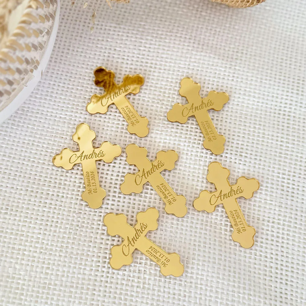 

20 Pcs Personalized Acrylic Mirror Gold Cross Favor Tag Luxury Wedding Baptism Thank You Christmas Tags Decoration Custom Gift