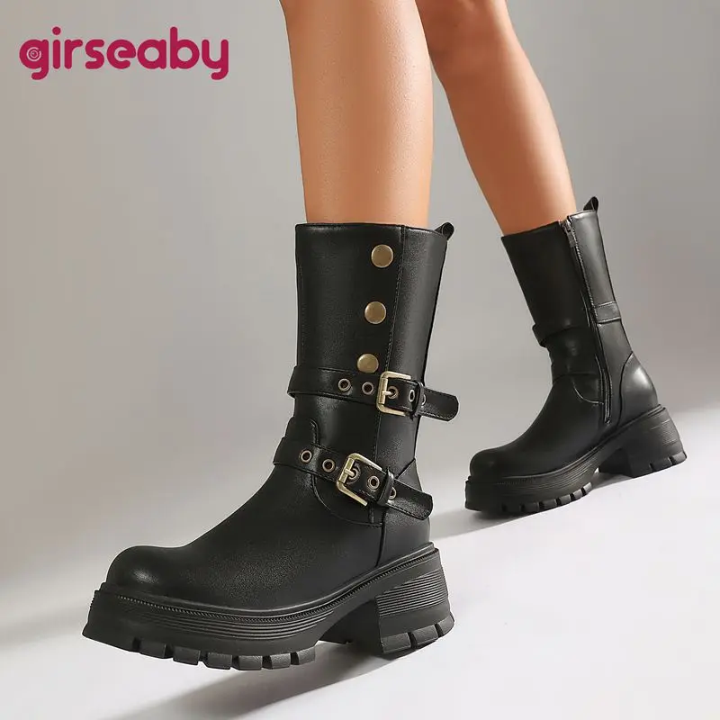 Girseaby Womens Footwear Knee Length t 6cm Sturdy High Lift 3cm Thick Sole Side Zip Knight Style Plus Size 41 42 43