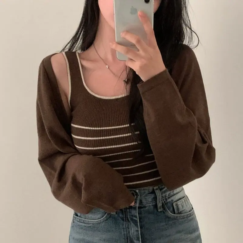 

Женский винтажный вязаный жилет-кардиган в полоску с квадратным вырезом Dongda Gate, комплект из двух предметов, дышащий, средней толщины, для весеннего сезона