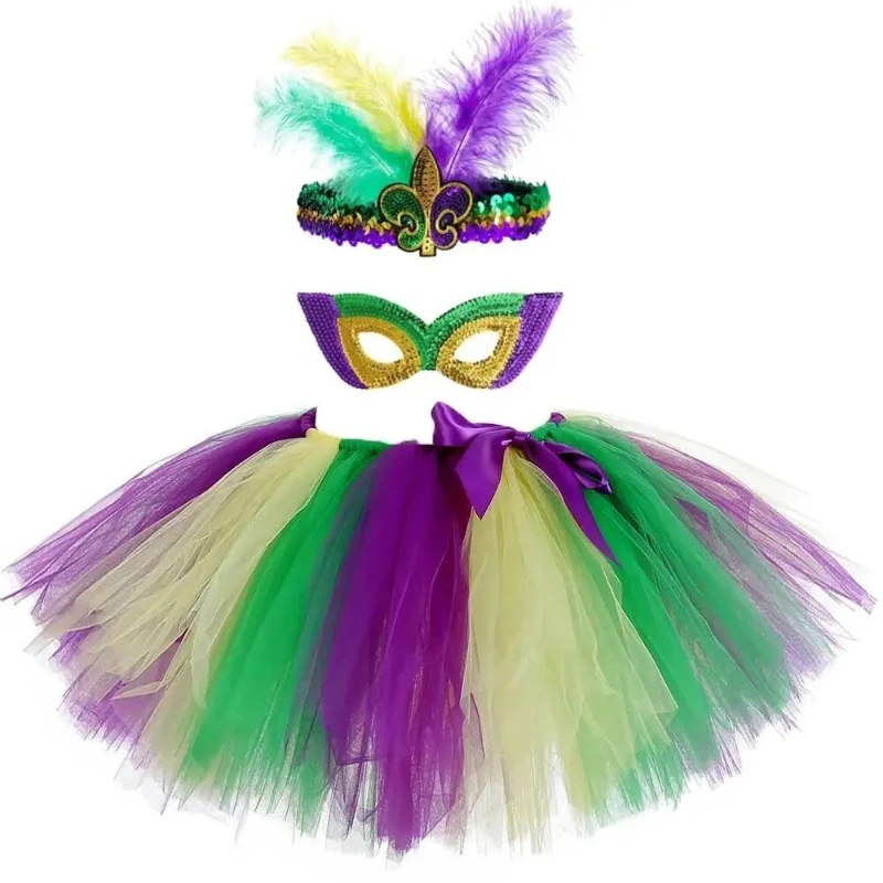 Mardi Gras Tutu Skirt for Girls Ballet Tutus Outfit Halloween Carnival Party Costumes for Kids with Glittery Eyes Patch Socks
