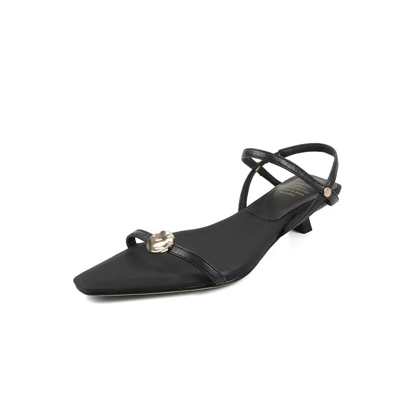 Arden Furtado Summer Kitten heel cowhide word-cingulate Sandals Square toe metal decoration Thin heels Open toe Sandals