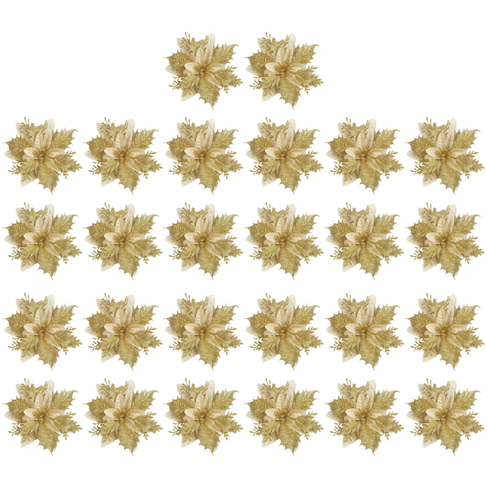 

26 Pcs Christmas Decorations Golden Flower Wreath Accessories 26-Piece Set Poinsettia Flowers Tree DIY Cloth