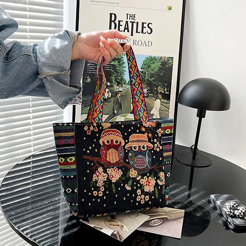 Trendy Elephant Embroidery Handbag Owl Canvas Women Shoulder Bags Animal Ethnic Handbag Female Tote Bag