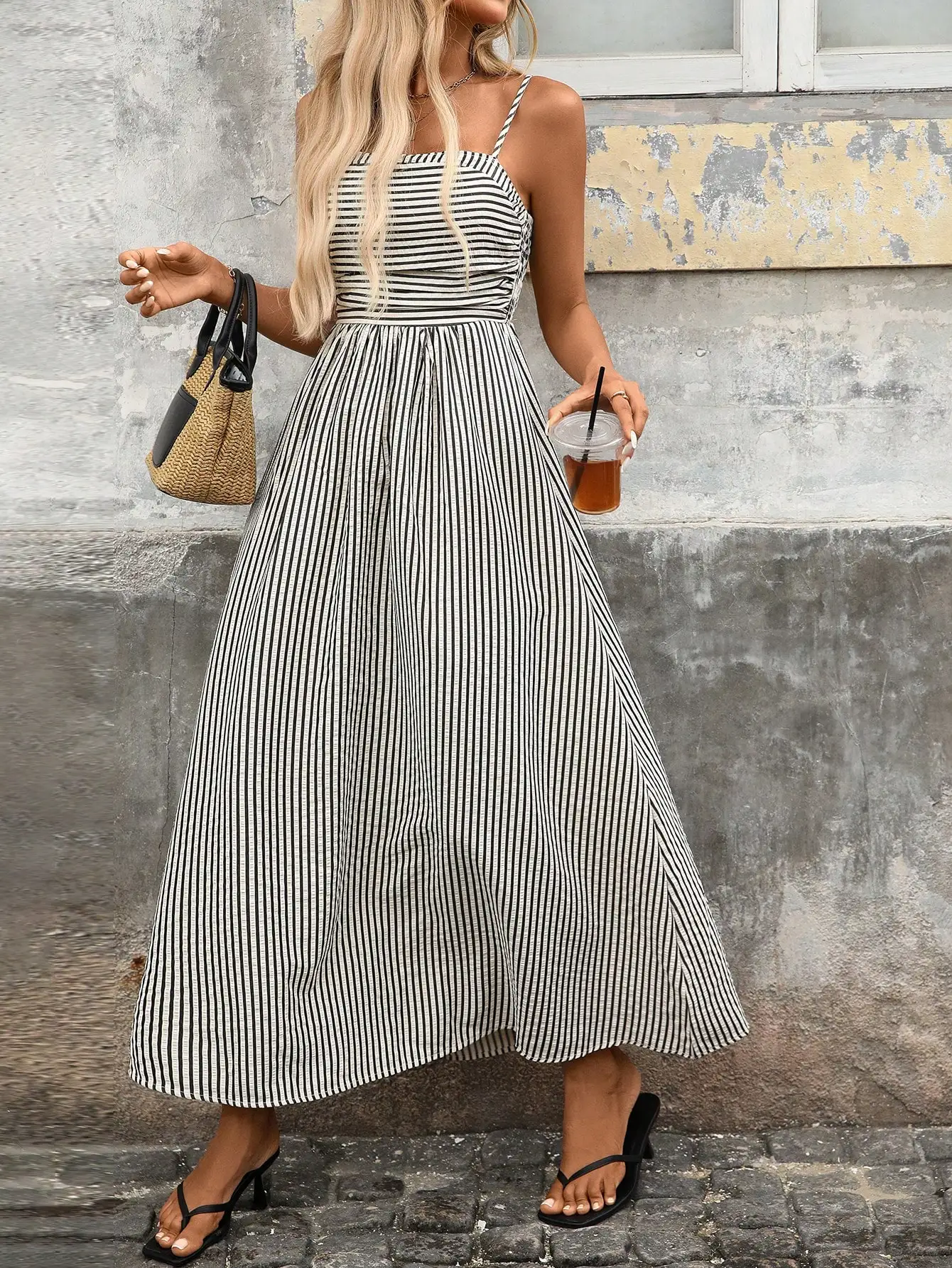 

Black and White Striped Maxi Dress with Ruffle Hem, Casual Summer Style