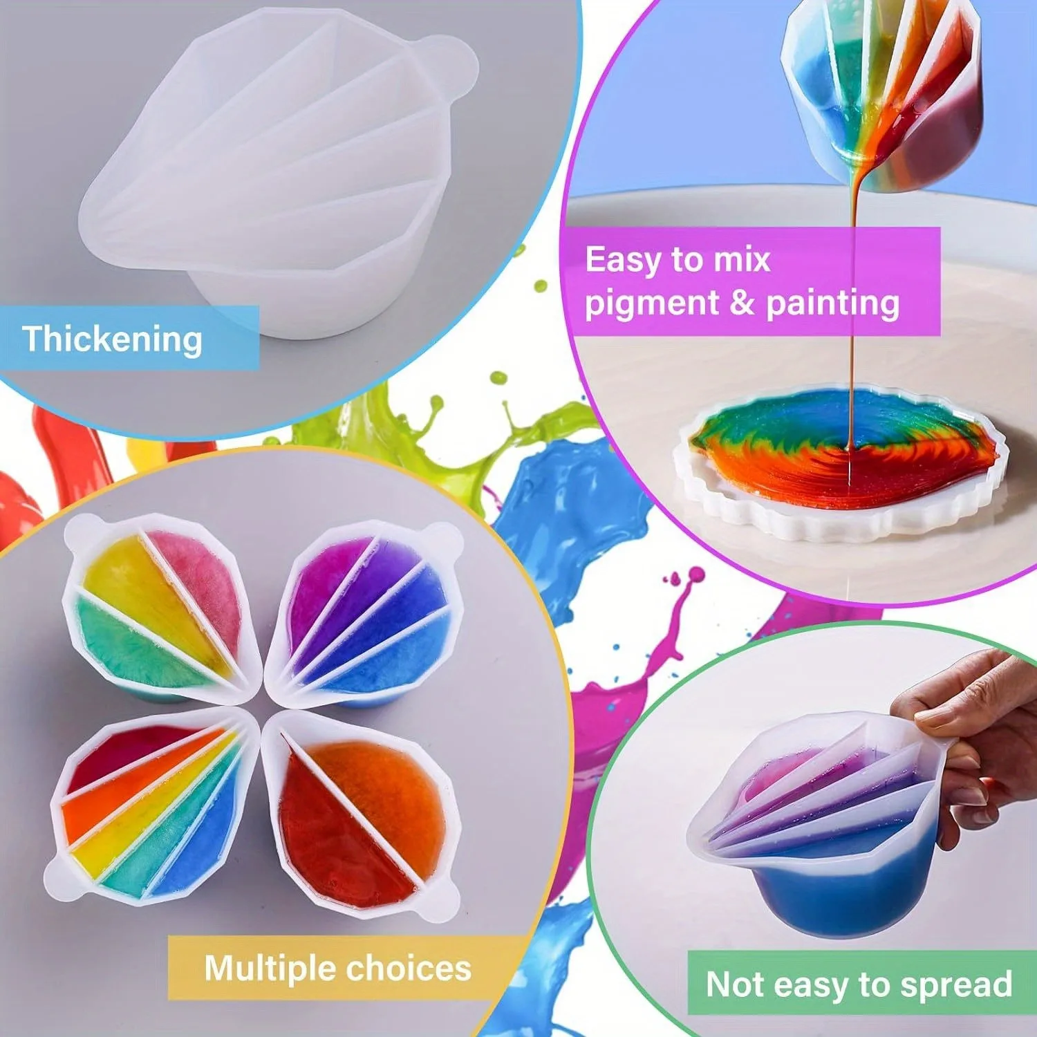 4PCS Silicone Split Cups, 4Pcs Thicken&Reusable Resin Mixing Cups with 2-5Channels, Dividers Paint Supplies, Fluid Art for Resin
