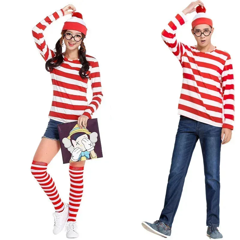 Adultos Hombres Damas Wally Wenda Waldo Disfraz de personaje Traje rojo blanco Semana del libro Vestido de lujo Incluye camisa Sombrero Gafas