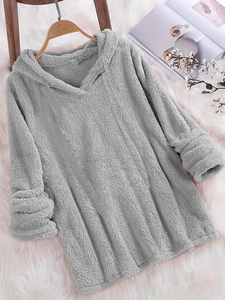 

Распродажа, однотонный флисовый топ с капюшоном и длинными рукавами, осень-зима, теплый серый женский свитер, универсальный элегантный нейтральный пуловер