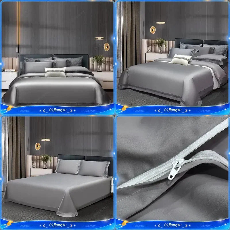 1400TC Egyptian Cotton Bedding Set Grey Luxury Hotel Style Duvet Cover Fitted Sheet Pillowcases 4Pcs Hollow Wide Edge Soft