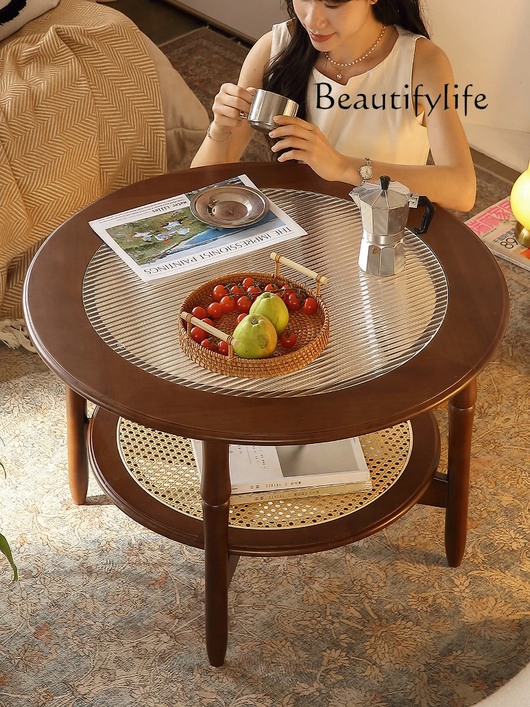 

Japanese-style solid wood rattan cherry edge coffee table living room balcony household small apartment double glass round
