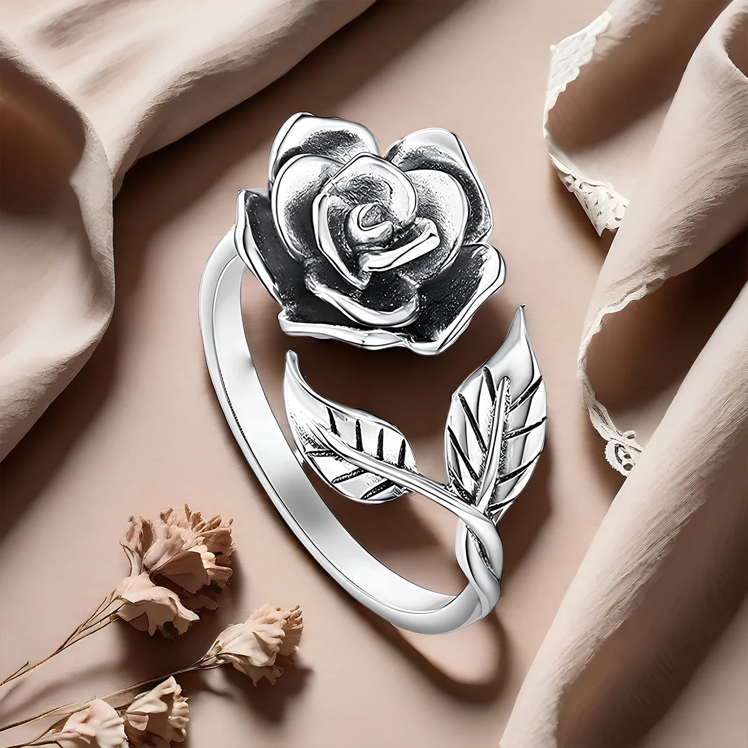 

Strong Black Rose & Leaf Open Ring, Dainty Black Rose Open Ring, Adjustable Jewelry Gifts , Inspirational Jewelry Gifts