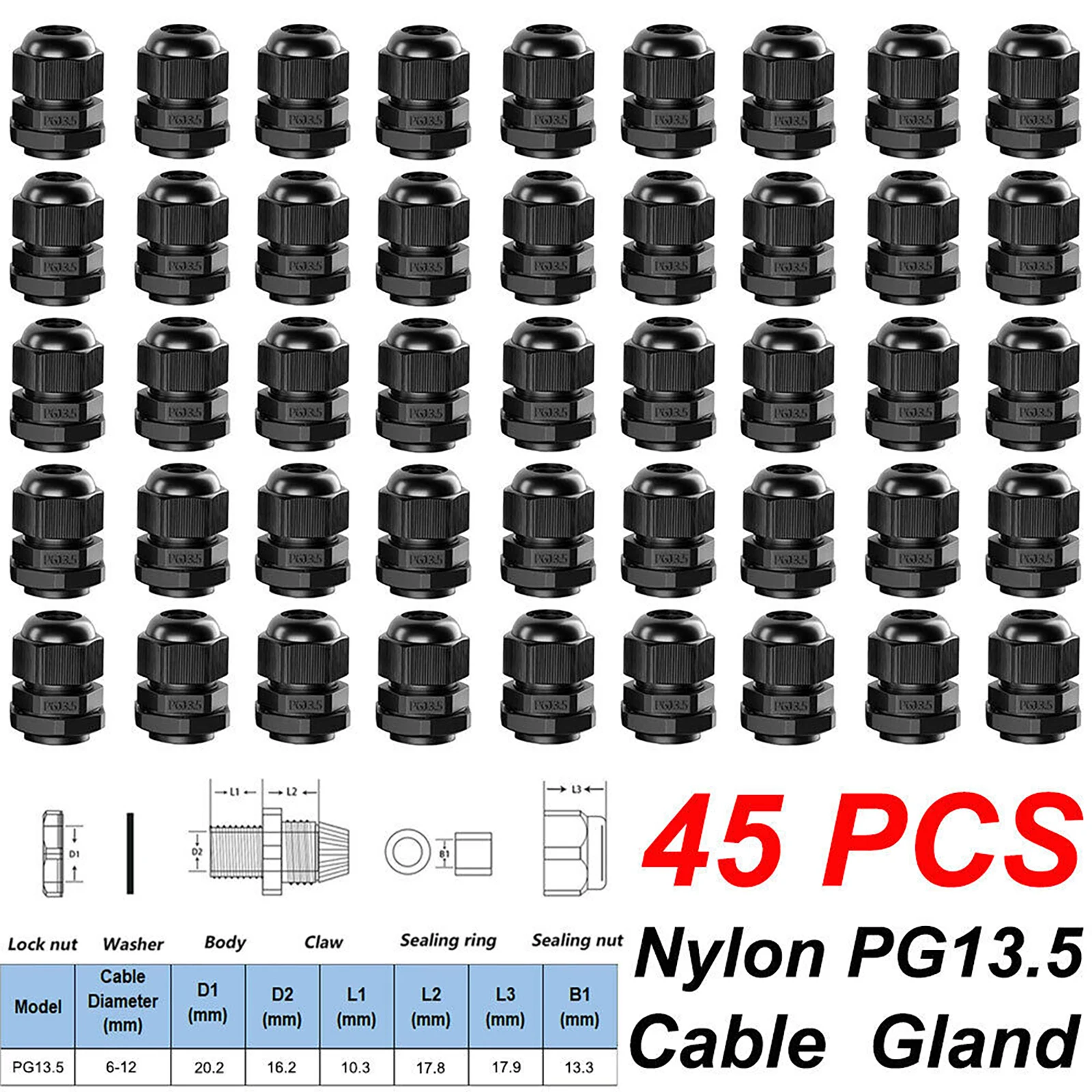 45Pcs/lot Waterproof Cable Gland Black Plastic Seal Joint Nylon IP68 PG13.5 Cable Fixing Nylon Wire Connector Cable Range 6-12mm