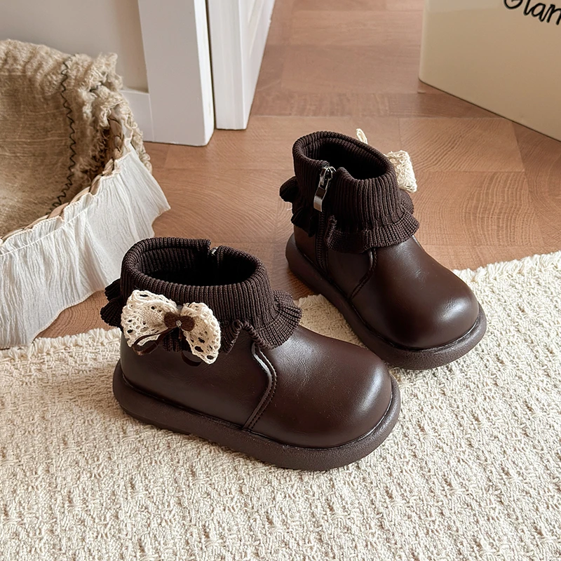 Little Girls Knit Ruffle Lace Bow Winter Boots, Matte PU Plush Lined Side Zipper Warm Non‑Slip Kids Boots