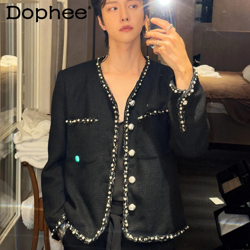 

2025 мужские осенние новые высококачественные маленькие ароматные куртки, мужские модные универсальные куртки, топы, джентльменские шикарные пальто с длинными рукавами и бисером