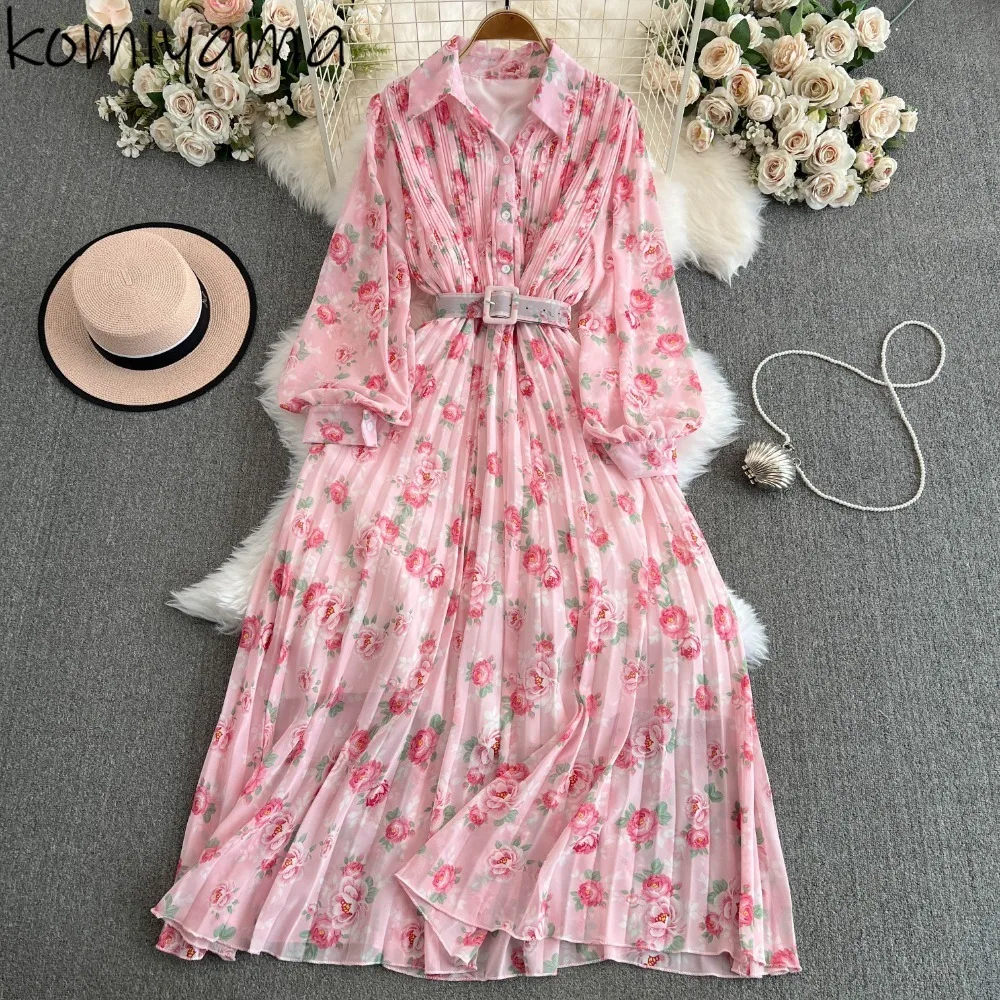 Sweet Print Vestidos Mujer Dresses Belt Tunic Dress Laple Neck Lantern Long Sleeve Vestido Women 2025 Autumn New Fashion Robes