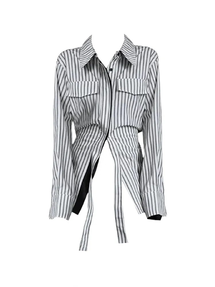 

High Quality Striped Slim Shirts Autumn 2024 Office Lady Polo-Neck Shirt Sleeve Top French Elegance Casual Sexy Trend Blouses