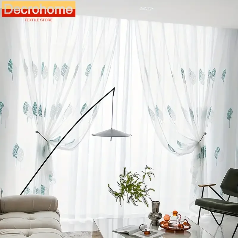 

1PC Embroidery Embroidered Leaf Tulle Screen Curtains for Living Room Bedroom Window Balcony Rustic Gauze Luxury Door Screen