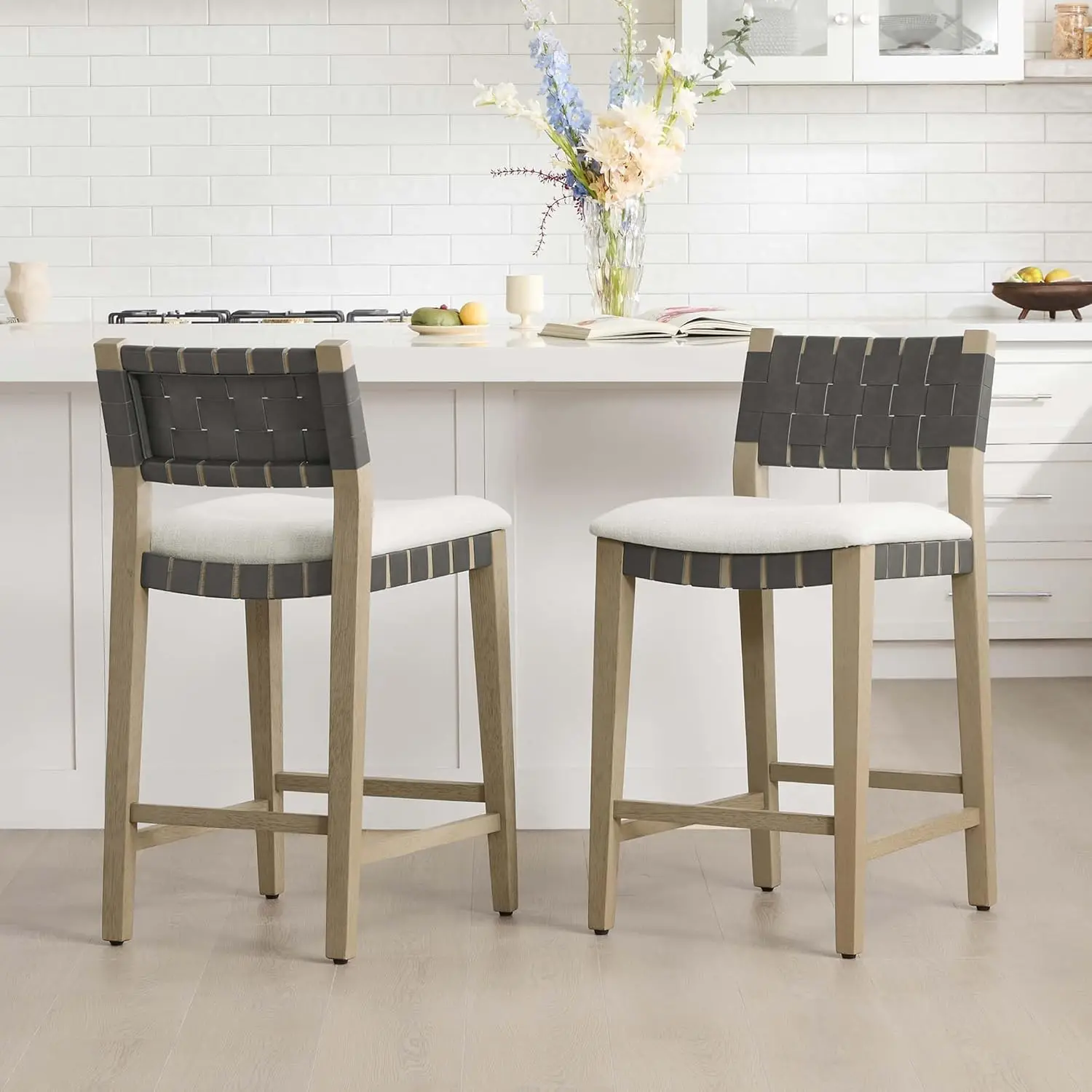 Woven Bar Stools Set of 2, 26 Counter Height Bar Stools with Backrest, Handwoven Counter Stools with Wood Frame for Kit