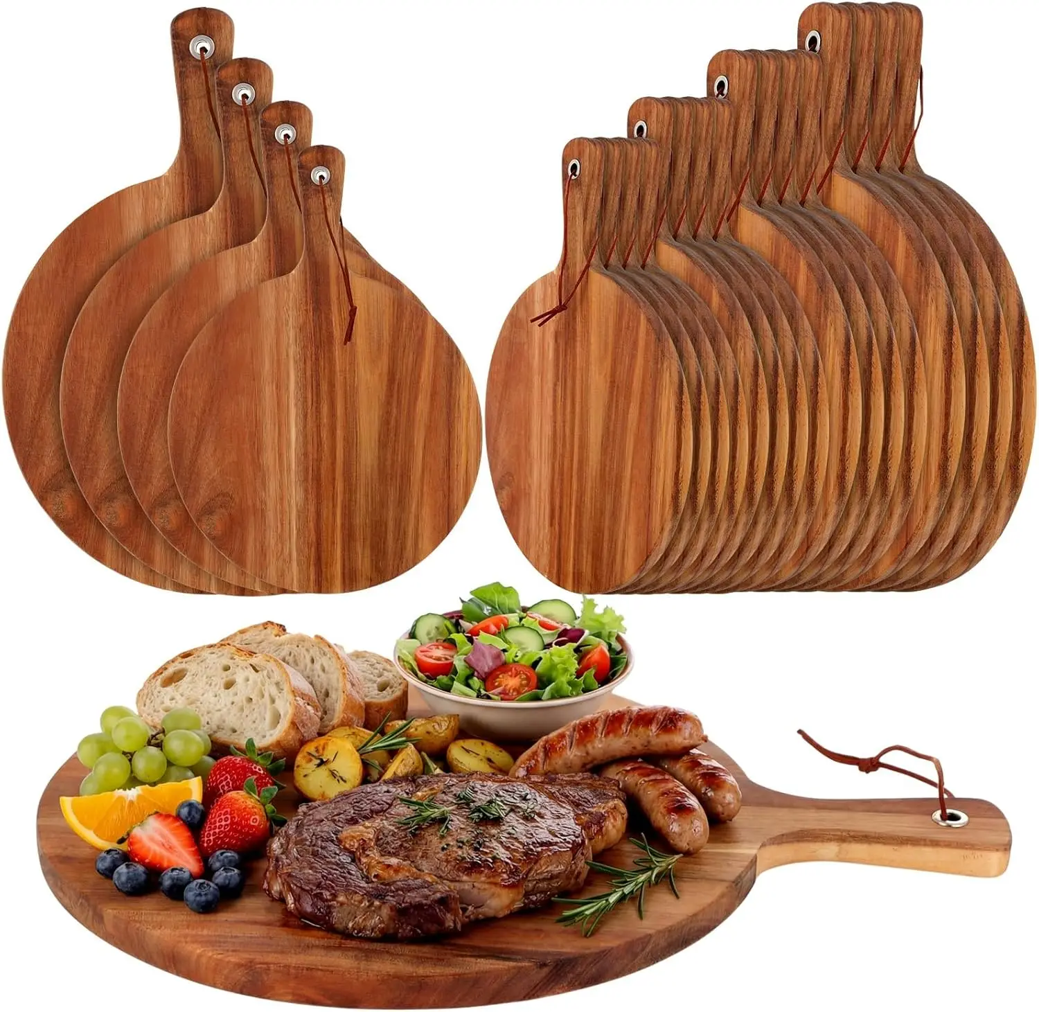 

20 Pcs Round Acacia Wood Cutting Board Set with Handle Thick Wooden Charcuterie Board Bulk Large Paddle Chopping Set for