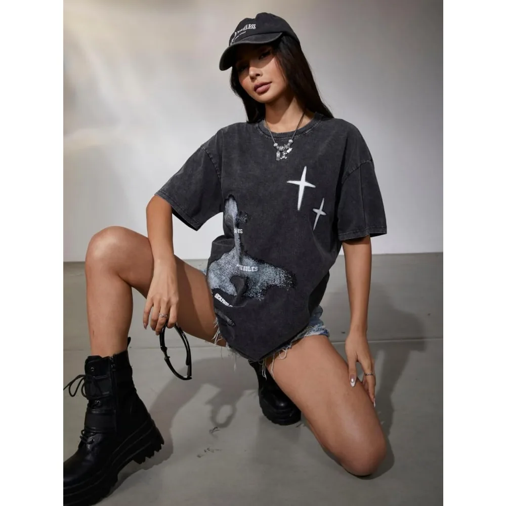 Y2K Grunge Graphic T‑Shirt, Crew Neck Vintage Streetwear Unisex Casual Short Sleeve Black Oversized Fashion Daily Wear Tops