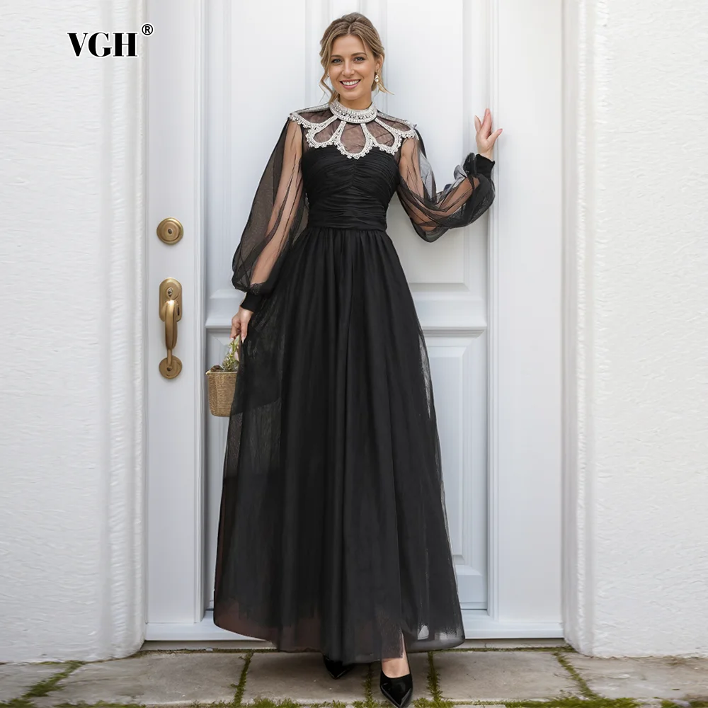 

VGH Elegant Patchwork Sheer Mesh Dresses For Women Stand Collar Lamtern Sleeve High Waist Spliced Diamonds Long Dress Female New