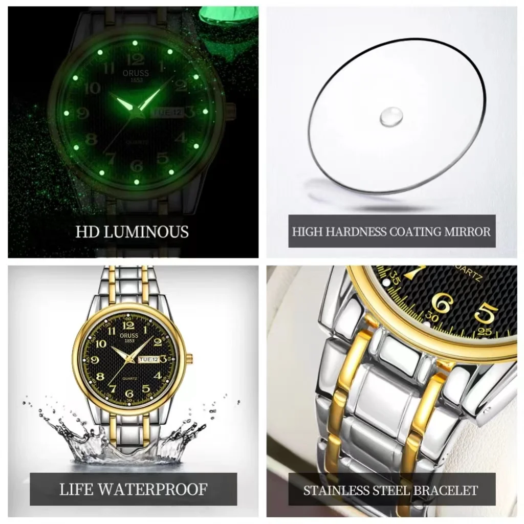 ORUSS Original High-end Luxury Men's Watch Luminous Watch for Man Watch Fashion Wristwatches Stainless Steel Waterproof Quartz