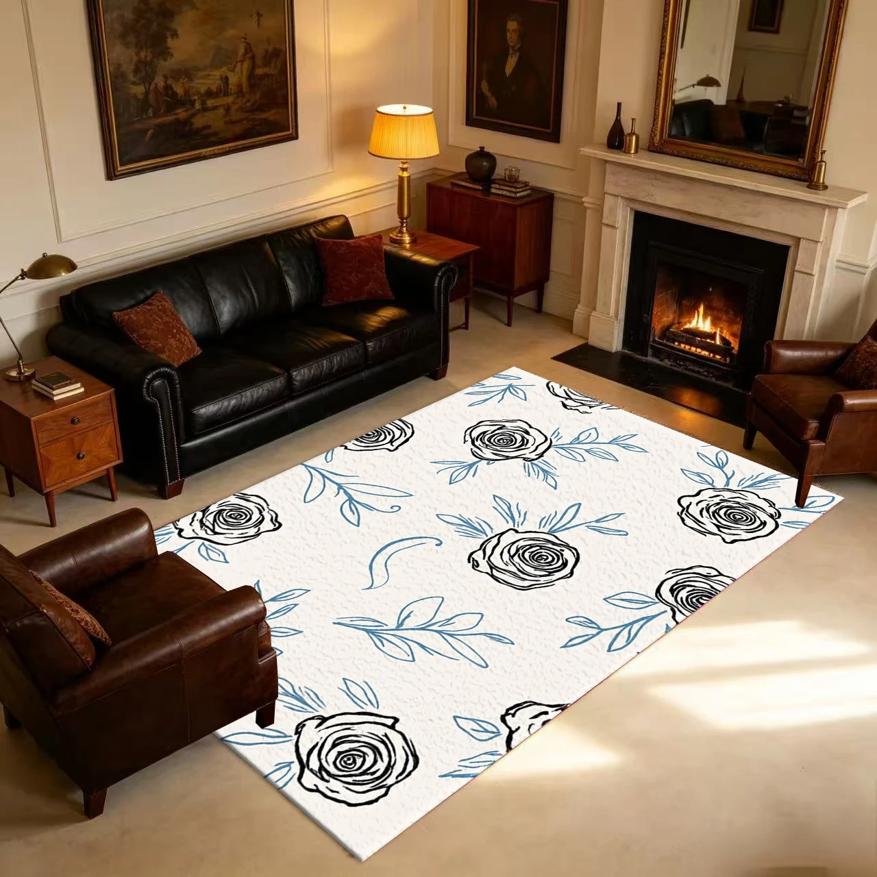 Sketch Rose Pattern Carpet Art Decorative Carpet Home Living Room Bedroom Indoor Floor Carpet