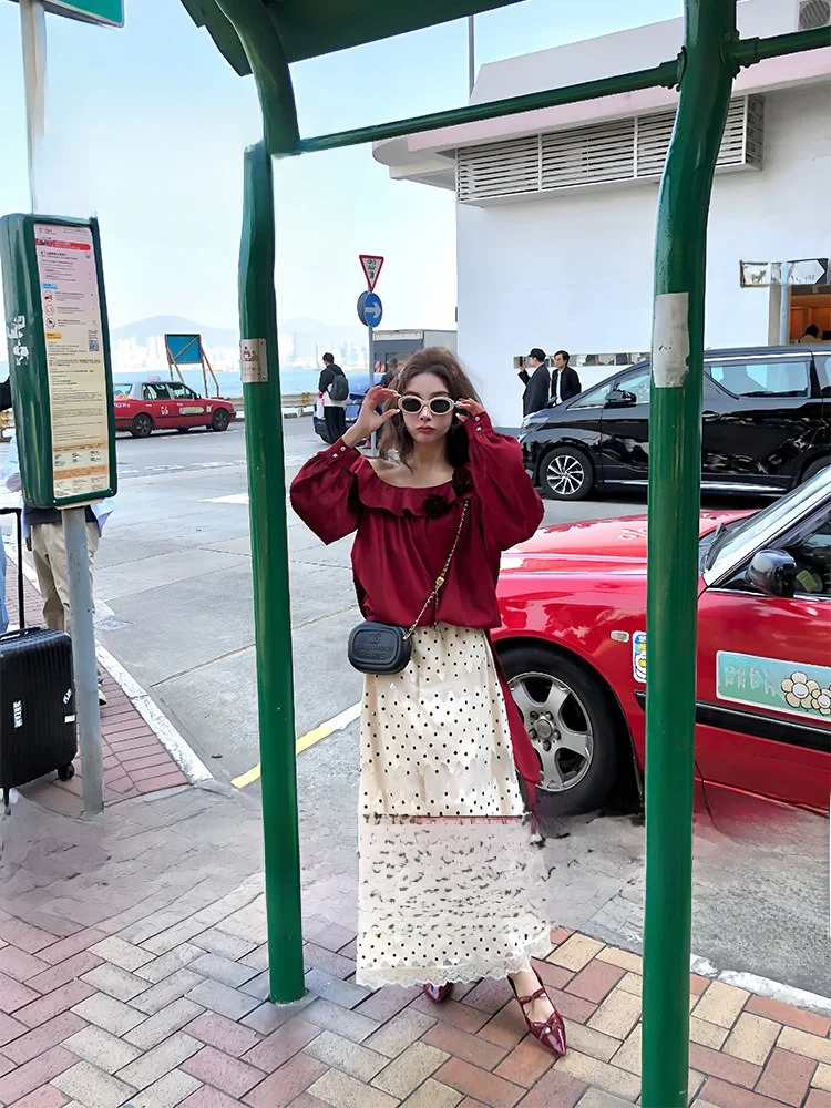 

PITAO Original f Skirt Lace Splicing Polka Dot Gentlewoman Soft Temperament Original Design Spring Summer Faion Set