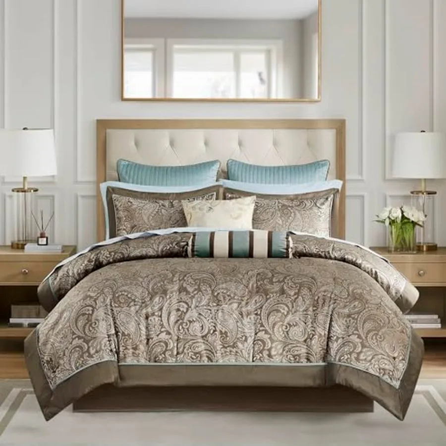 

Aubrey Cozy Comforter Set, Faux Silk Jacquard Paisley Design - All Season Down Alternative Bedding with Cotton Bed Sheets, Bed