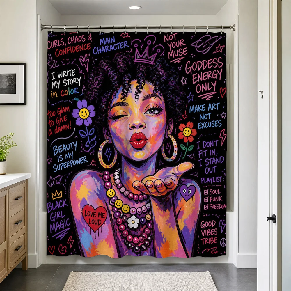 Vibrant Pop Art Waterproof Shower Curtain Liner Bohemian Aesthetic Bathroom Decor Empowerment Queen Goddess Magic Trendy Home Ac
