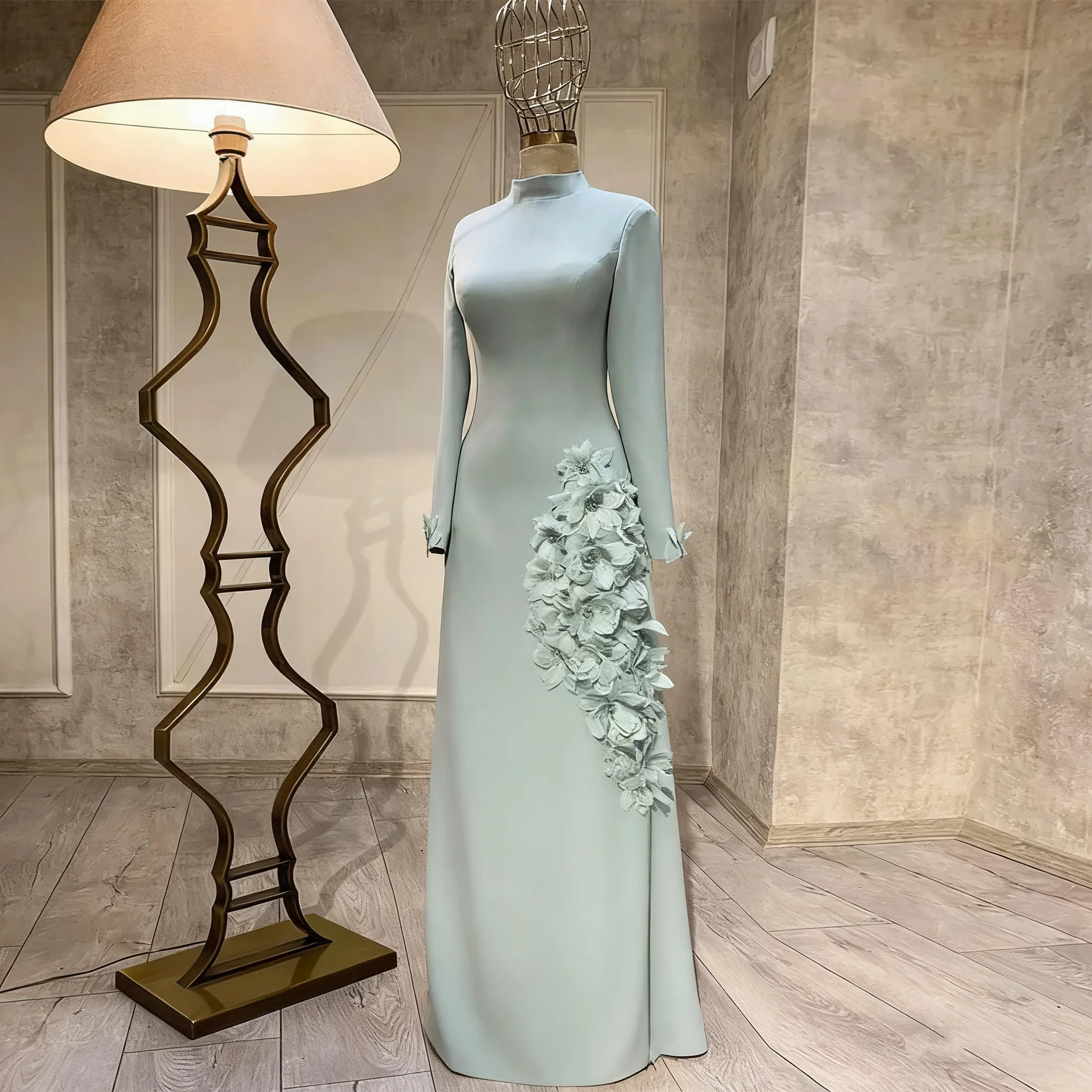 Abito da sera a collo alto verde menta Personalizzazione abito da sposa arabo Personalizzazione elegante abito da ballo con perline a maniche lunghe