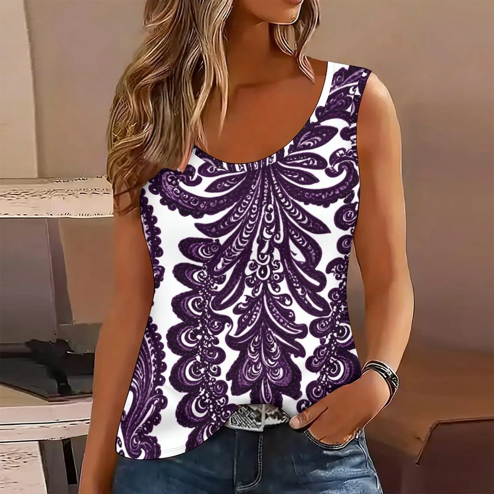 Vintage Round Neck Sleeveless Top Women's Casual T-shirt Temperament Tee Daily Vest Elegance Clothes