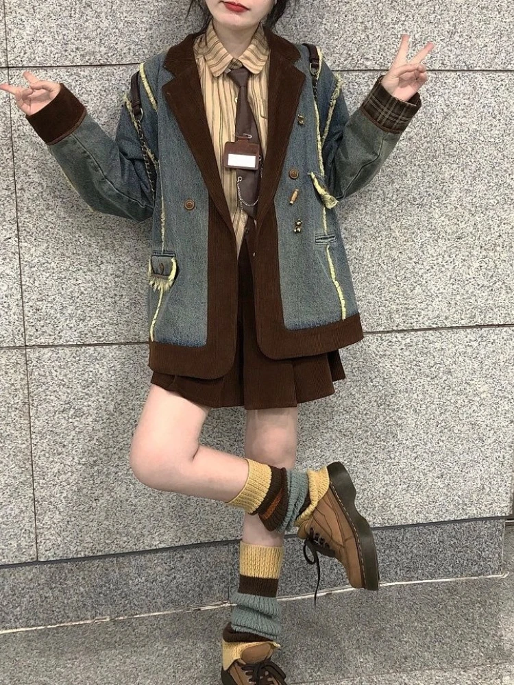 Women's 2025 New Autumn Winter Oversized Corduroy Patched Denim Blazer Premium Vintage Style Cotton Padded Jacket Stylish
