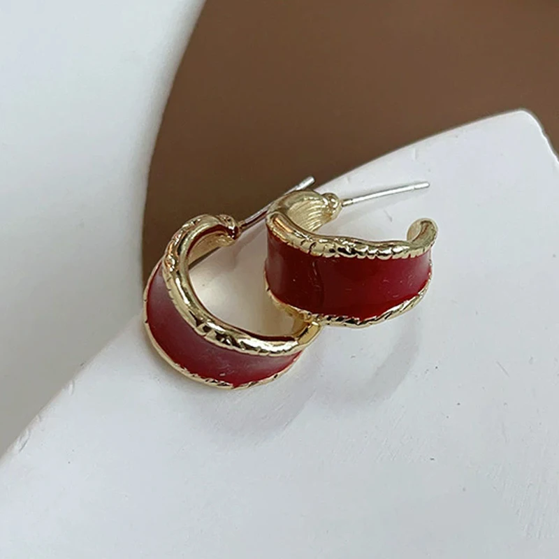 Red Enamel Oil C Shape Drop Earrings for Women Party Elegant Geometric Semicircle Dangle Earrings Wedding Party Fashion Jewelry