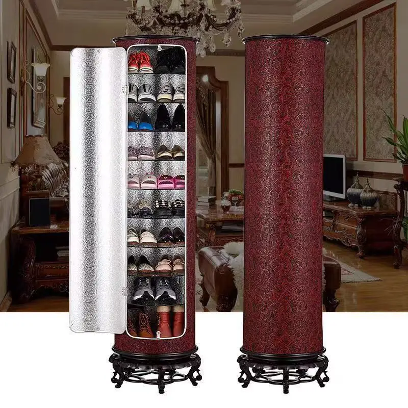 New 3D embossed cylindrical rotating shoe cabinet home door American mahogany series shoe rack storage entrance rotating design